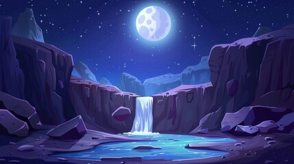 The background design features an alien planet with a waterfall and desert river against a night sky with moon and stars. An illustration of a sandy landscape with water flowing from a rocky - obrazy, fototapety, plakaty