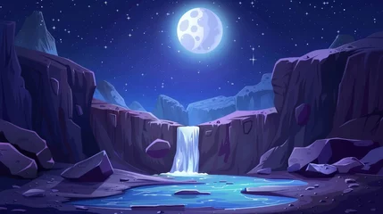 Fototapeten The background design features an alien planet with a waterfall and desert river against a night sky with moon and stars. An illustration of a sandy landscape with water flowing from a rocky © Mark