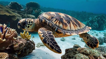 Obraz premium A critically endangered hawksbill sea turtle (Eretmochelys imbricata) glides over a reef off the island of Yap; Pacific Ocean, Yap, Micronesia, 4k design