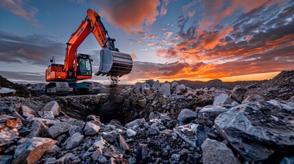 Heavy Excavator Operating on a Construction Site at Sunset. Construction Machinery in Action, Industry Equipment. Majestic Sky in the Background. AI