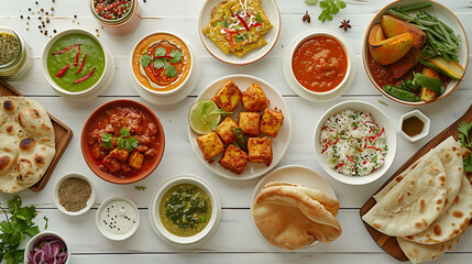 Indian cuisine dishes tikka masala, dahl, paneer, samosa, chapati, chutney, spices, Indian food on...