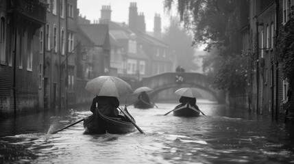 British Friends Embracing the Rain in Cambridge, generative ai - obrazy, fototapety, plakaty