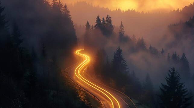 car headlights on winding road through misty pine forest at sunset long exposure photography