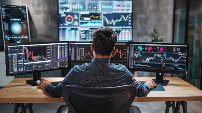 Generative AI image of professional at work with multiple monitors 