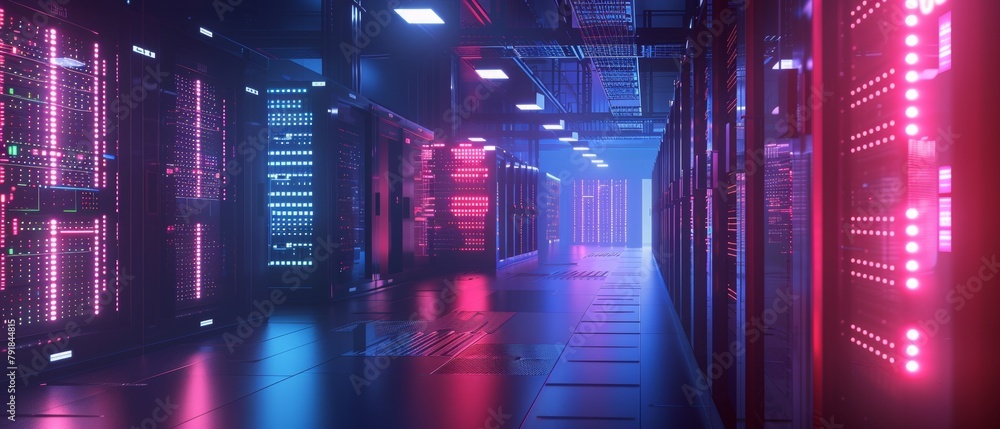 Poster server racks in dark facility. computers in modern data center, big data protection, cryptocurrency 