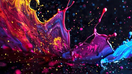 colorful abstract paint splashing neon fluorescent watercolor spraypaint illustration on black