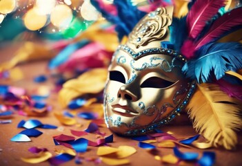 'festive elements mask confetti carnival Braziliam brazil mascara venetian venice party festival face mystery fantasy celebration feather masquerade b' - obrazy, fototapety, plakaty