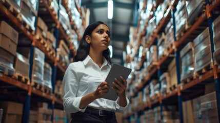 Indian woman working in warehouse using tablet to input data