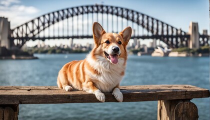 A Corgi dog sits posing on a wooden ledge at the waterfront under the Sydney Harbour Bridge; Sydney, New South Wales, Australia, 4k wallpaper design - obrazy, fototapety, plakaty