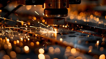 Precision Engineering and Technology in Action. Laser Cutting Metal, Sparks Flying, Industrial Background. High-Quality Manufacturing Process. Photo for Tech and Innovation. AI - obrazy, fototapety, plakaty