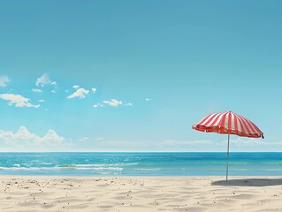 beach chairs and umbrella, sunny beach, sand, ocean view, sea view, horizontal view,