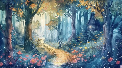 Enchanted Watercolor Forest Hideaway A Whimsical Cottage in a Magical Realm