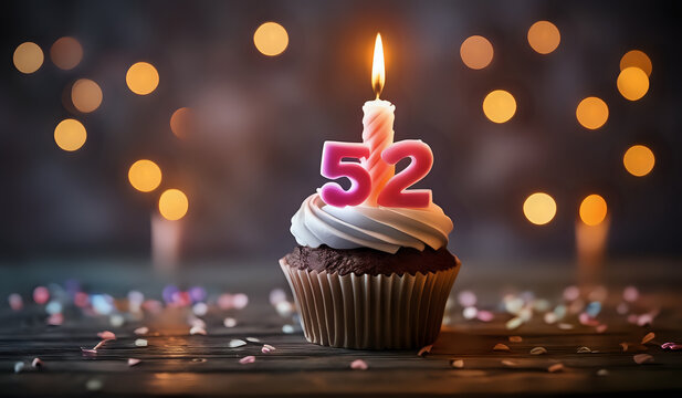 Birthday cupcake with burning lit candle with number 52. Number fiftytwo for fifty years or fifty-second anniversary.