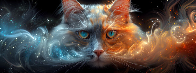 Infinite grace of the fractal cat: a mesmerizing blend of elegance and complexity, as a fractal cat prowls through a realm of infinite possibilities. - obrazy, fototapety, plakaty