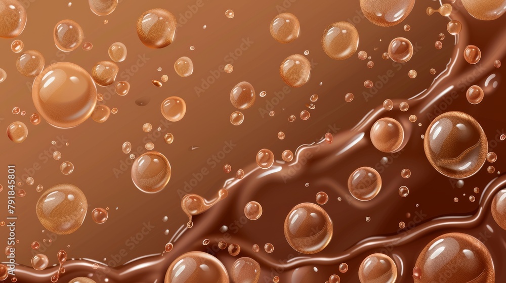 Poster liquid chocolate background. modern illustration of smooth cocoa surface with glossy bubbles. chocol