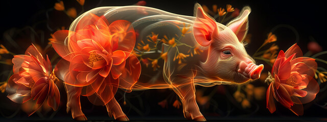 Fractal piglet dreams: an adorable tranasparent piglet  emerges from  fractal floral art, evoking a sense of wonder and imagination.