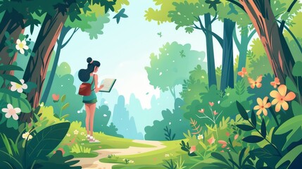 A summer forest landscape with trees, paths and a girl with a notebook. A nature scene of a park with flowers, butterflies, roads and a beautiful woman, modern cartoon illustration.