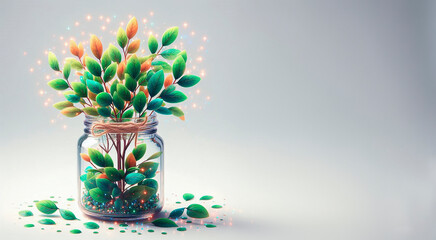 Plant in glass jar with green leaves and water drops on white background