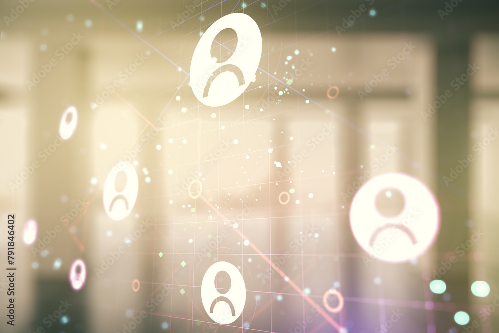 Poster double exposure of social network icons hologram on empty room interior background. networking conce