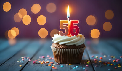 Birthday cupcake with burning lit candle with number 56. Number fiftysix for fifty years or fifty-sixth anniversary