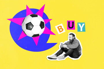 Composite collage picture image of funny man buying ecommerce football ball player fantasy billboard comics zine