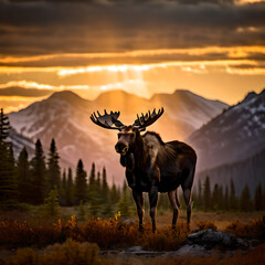 Majestic deer at sunset in the mountains. Beautiful wild moose with big horns.