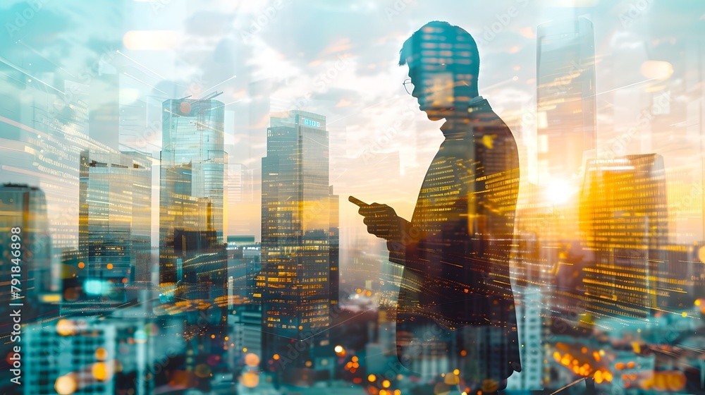 Poster futuristic cityscape merged with silhouette of a man using technology. conceptual business and innov