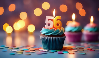 Birthday cupcake with burning lit candle with number 56. Number fiftysix for fifty years or fifty-sixth anniversary