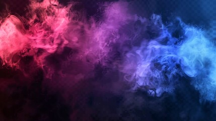 Smoke, dust or fog clouds on transparent background. Abstract banner template with smoke effect, red and blue steam with particles.