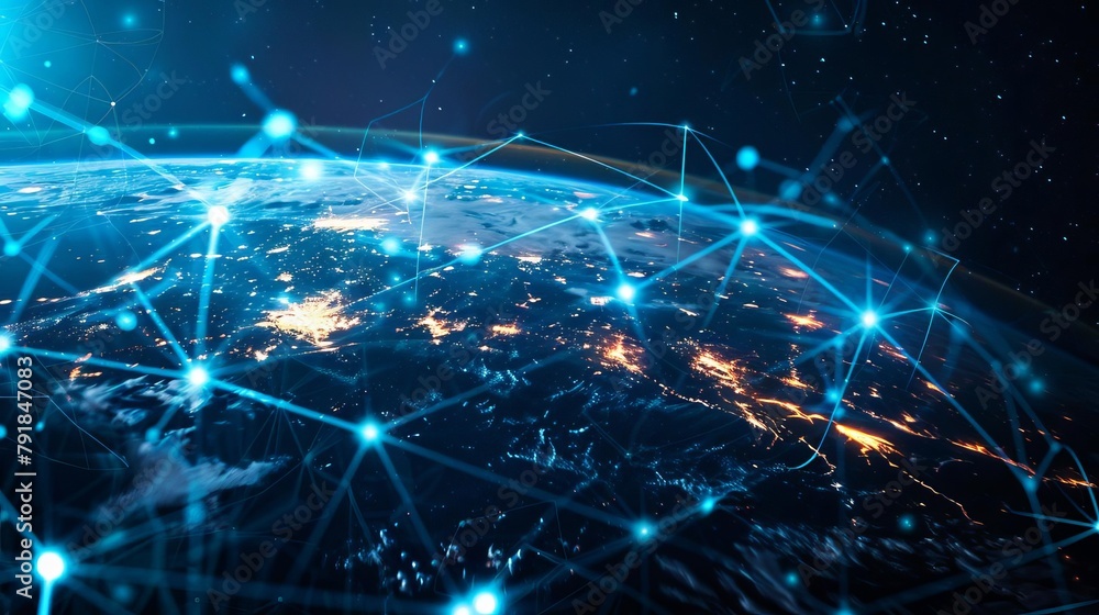Poster global digital world with network connectivity on earth highspeed data transfer cyber technology and