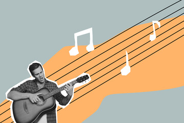 Composite collage picture image of funny male listen music play guitar singing fantasy billboard comics zine