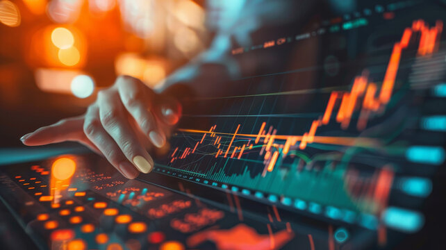 A person in dark clothing is using a futuristic touch screen with glowing orange and green graphs and readouts.