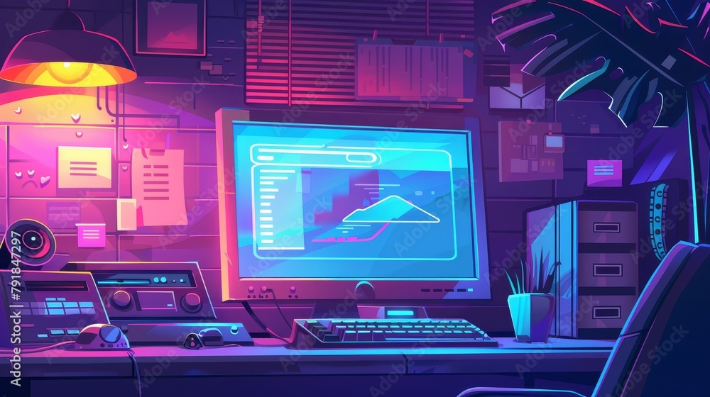 Poster the design features retro software windows on a computer desktop, such as chat messenger, media play