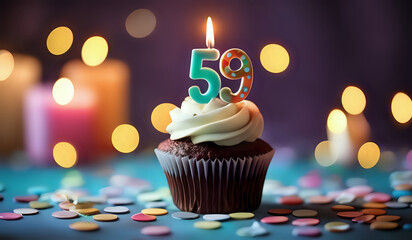 Birthday cupcake with burning lit candle with number 59. Number fiftynine for fifty years or fifty-ninth anniversary