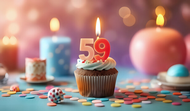 Birthday cupcake with burning lit candle with number 59. Number fiftynine for fifty years or fifty-ninth anniversary