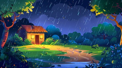 Animated modern cartoon illustration of nighttime rainy landscape with forest and village house. Nature scene featuring countryside cottage, garden with trees and bushes, sandy road and puddle under