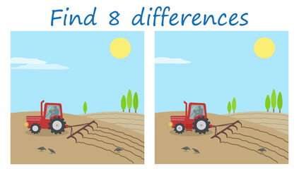 Logic puzzle game. Find 8 differences. Rural landscape with tractor plowing the fields. Vector illustration for children's development.