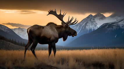 Majestic deer at sunset in the mountains. Beautiful wild moose. - obrazy, fototapety, plakaty