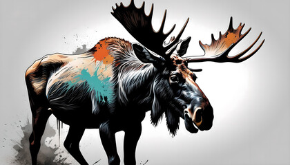 Illustration of a majestic moose. Drawing of a colorful moose with horns. - obrazy, fototapety, plakaty
