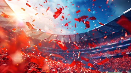 Celebratory Red Confetti Explosion at Stadium during a Major Sports Event, Capturing the Excitement and Festivity in Dynamic Style. Perfect for Marketing and Event Themes. AI