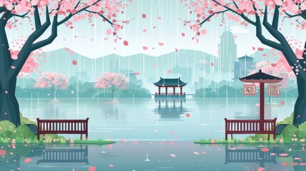 Park or garden with chinese cherry trees on the bank of the river in rainy weather. Japanese Sakura trees, lakes, benches in a rainy spring landscape. Modern cartoon illustration.