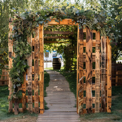 a wooden gate that makes an enchanting entrance for an event with sustainability theme made with...