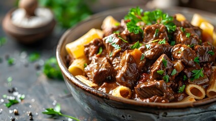 "Comforting Beef Stroganoff with Pasta and a Sprinkle of Parsley in a Cozy Kitchen Setting". Concept Cozy Home Cooking, Beef Stroganoff, Pasta Delights, Kitchen Comforts, Cooking with Love