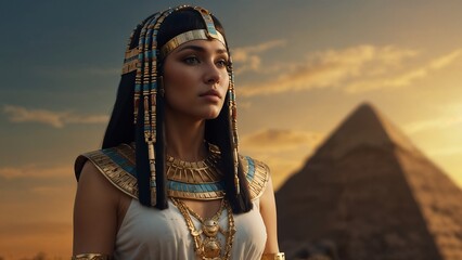 a woman stylized as Cleopatra, the Egyptian queen