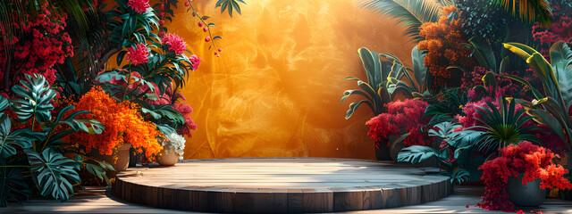 An empty podium at center, tropical botanical and pink flower in forest studio