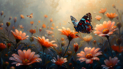 Morning Serenity: Dewy Daisies, Tulips, and a Butterfly's Delicate Repose - obrazy, fototapety, plakaty