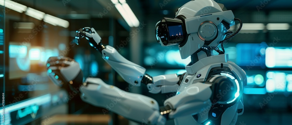 Poster using a virtual reality headset and remote controls to operate an advanced robotic arm. work in a hi
