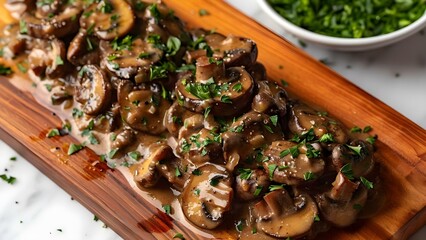Top view of vegan mushroom stroganoff on wooden board white background. Concept Food Photography, Vegan Recipes, Top View Shot, Wooden Background, White Surface