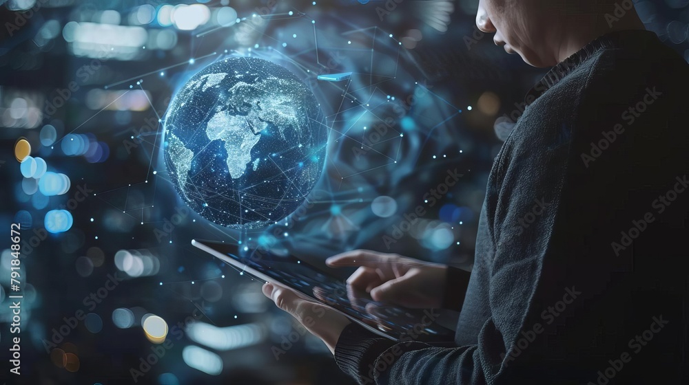 Aufkleber man using digital tablet with global network hologram illustrating internet connectivity and data ex
