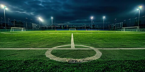 A photo of an empty soccer field, green grass, night time, lights on the side of the pitch, center circle marked with white lines, dark sky. - obrazy, fototapety, plakaty